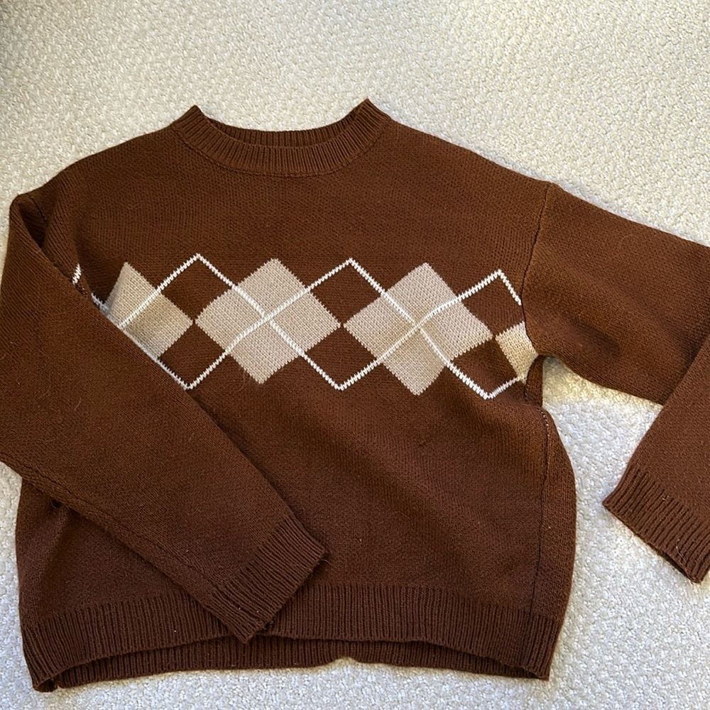 Colorblock Argyle Pattern Drop Shoulder Sweater (Brown)